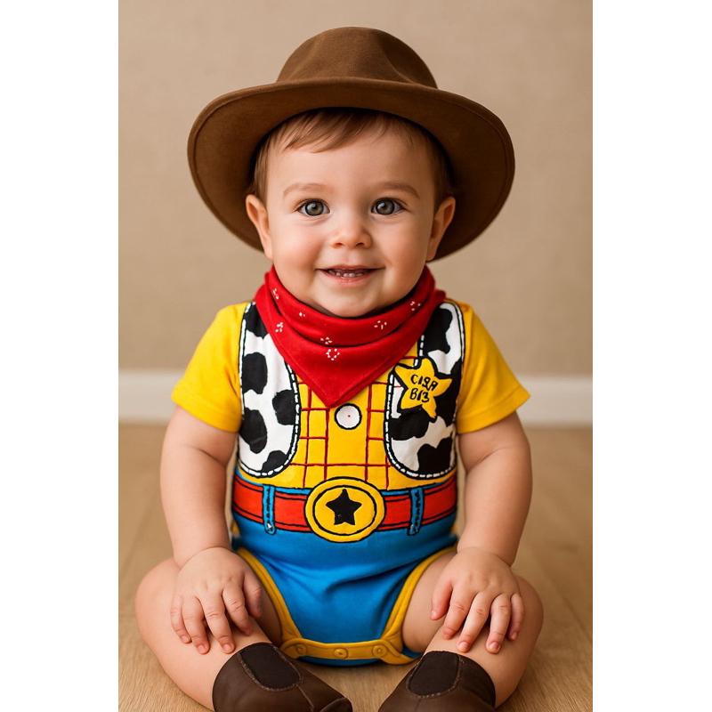 Body Temático Woody Toy Story, Com Acessórios Opcionais, Chapéu, Bota e Lenço, Menino, Aniversário ou Mesversário em Oferta na Shopee