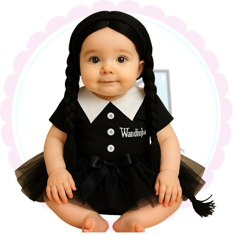 Body e Banho de Sol bebê Halloween Temático Mes versário - Família Addams Wandinha