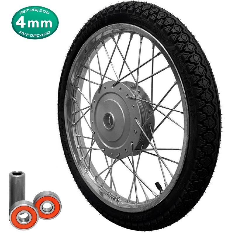 Roda Dianteira Raios 4mm Cromados Honda Biz 100 1998 até 2005 + Pneu Montado Com Rolamentos