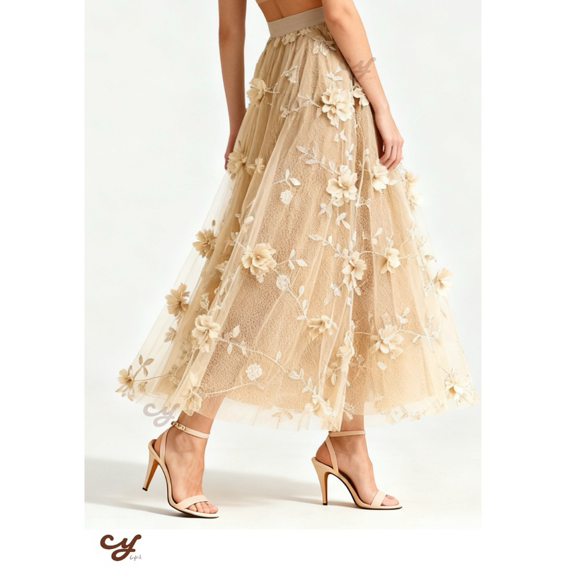 Saia Midi de Tule com Flores 3D Elegantes - Várias Cores - Tamanhos P ao GG