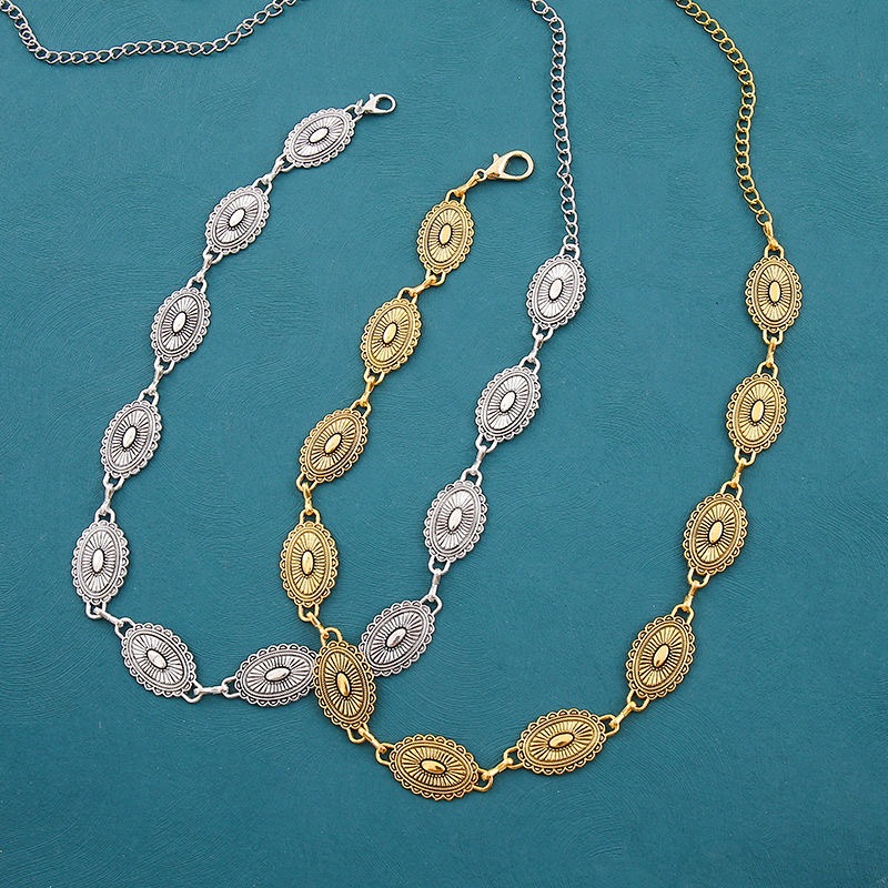 Cinto feminino retro prata estilo nacional esculpida decoração de flores cintura corrente carnaval em Oferta na Shopee