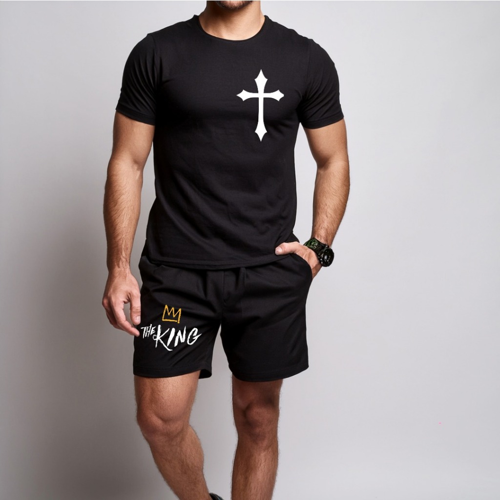 conjunto kit Camiseta camisa e Short Tectel Conjunto Masculino Estilo Casual Jesus é rei The King Rei dos Reis