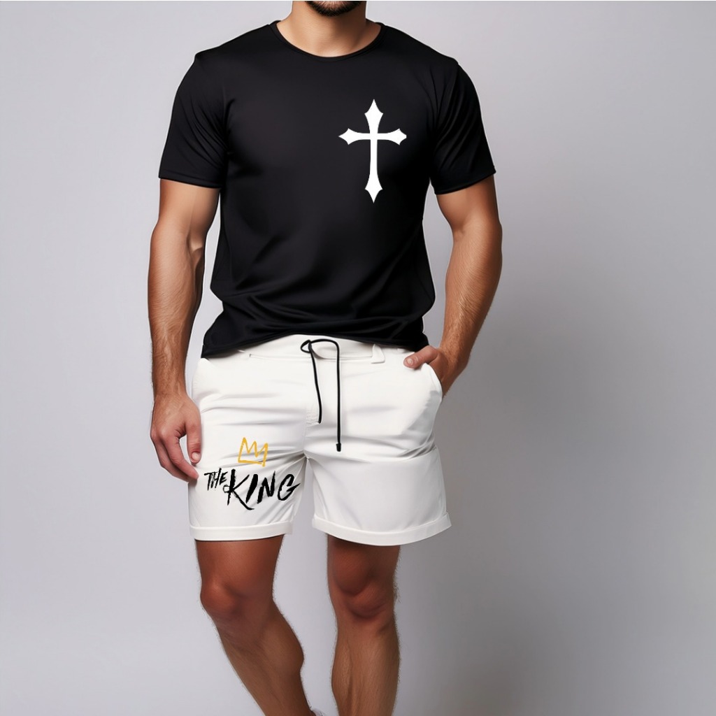 conjunto kit Camiseta camisa e Short Tectel Conjunto Masculino Estilo Casual Jesus é rei The King Rei dos Reis Premium