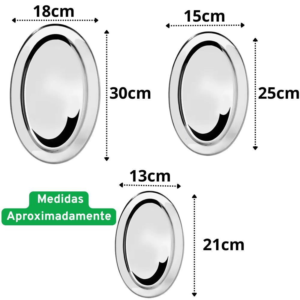 Kit 3 Travessa Oval Bandeja Inox Rasa 21 25 30cm Porção Lanchonete Cozinha — imagem 2 de 2