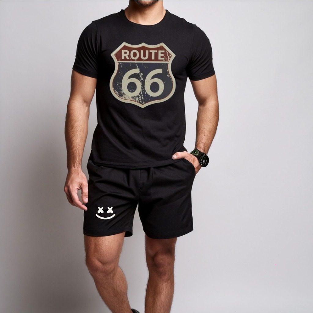 conjunto kit Camiseta camisa e Short Tectel Conjunto Masculino Estilo Casual ROTA 66 Route 66 EUA Lançamento