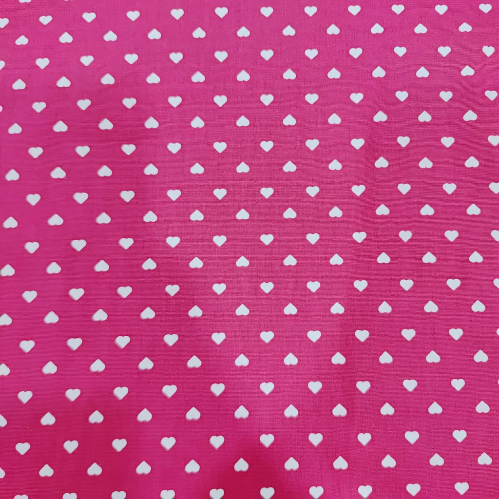 Tricoline  Rosa Pink Estampa Coração branco 100% Algodão Medida 50cm x 1,50mts