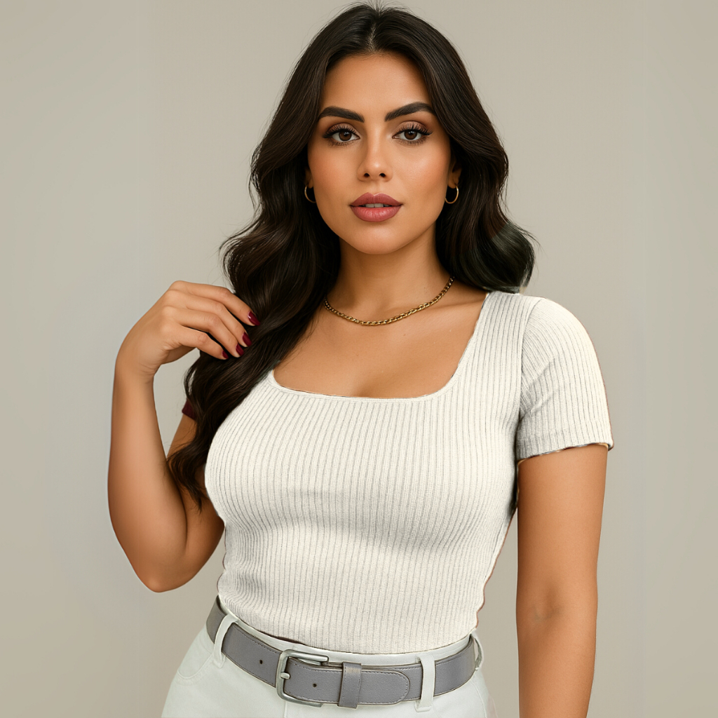 Blusa/Cropped Feminina Decote Quadrado Blusinha Canelada Básica Manga Curta Trabalho Elegante Dia a Dia