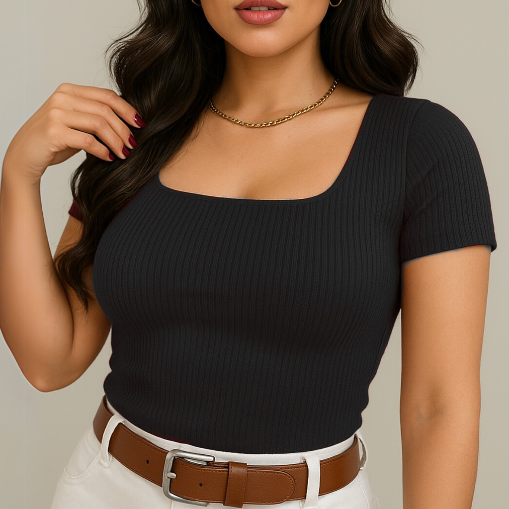 Blusa/Cropped Feminina Decote Quadrado Blusinha Canelada Básica Manga Curta Trabalho Elegante Dia a Dia