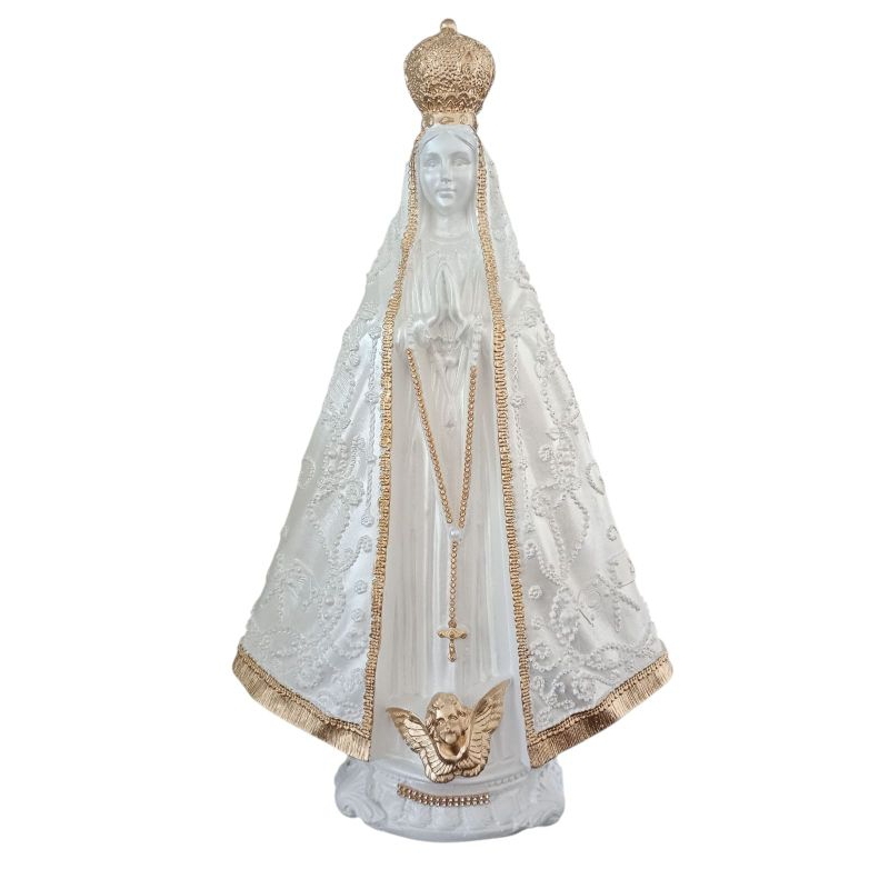 Imagem de Nossa Senhora Aparecida 40cm Branca Perolado Bordada Grande Gesso Dourado