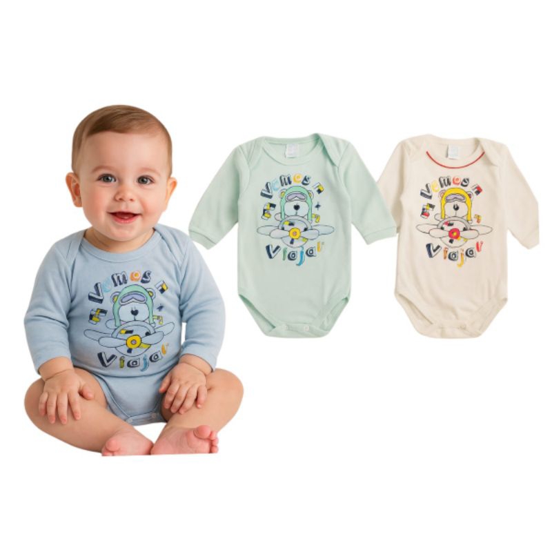 Kit com 3 Bodies manga longa Bebê menino Petutinha tamanho M 006362