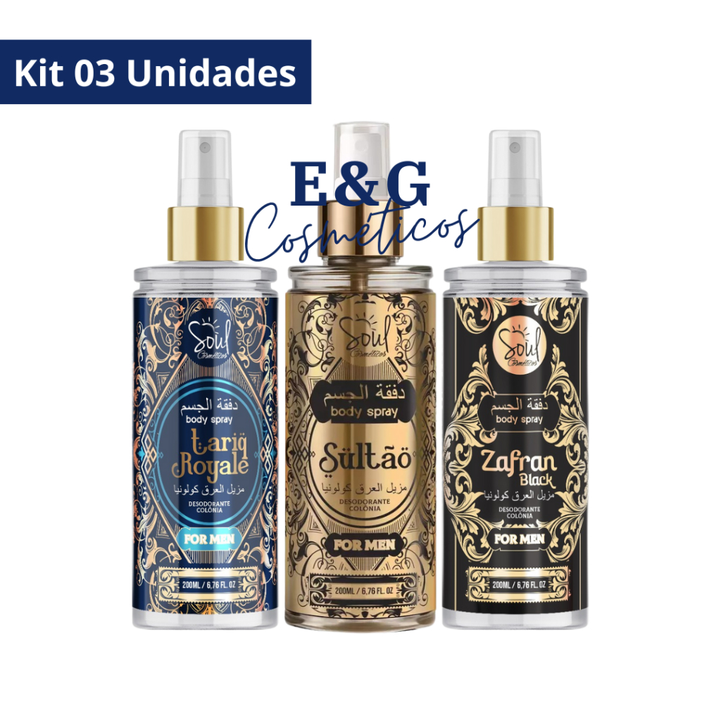Kit 03 Body Splash  Árabe Masculino - Tariq Royale - Sultão - Zafran Soul Cosméticos 200ml em Oferta na Shopee