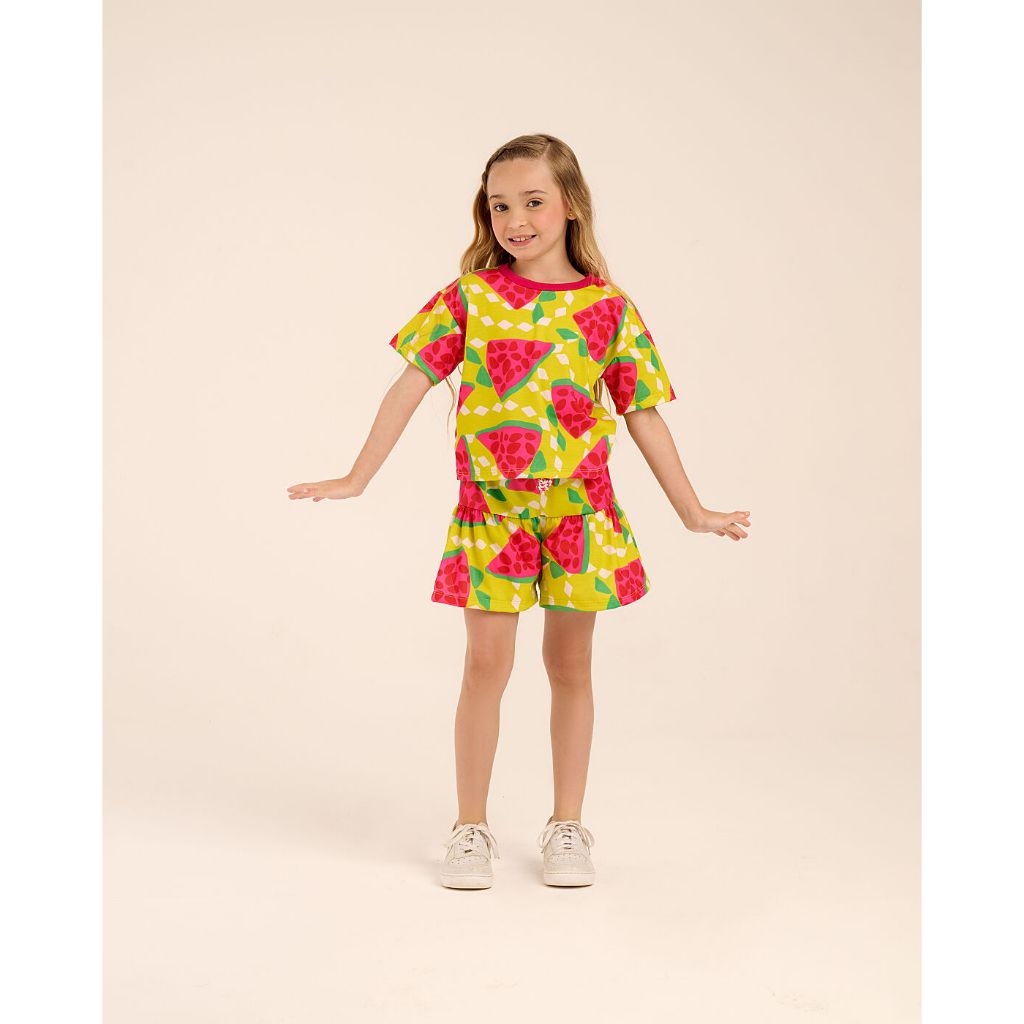Conjunto Infantil Feminino Algodão Estampa Melancia Colorida Shorts com Elástico