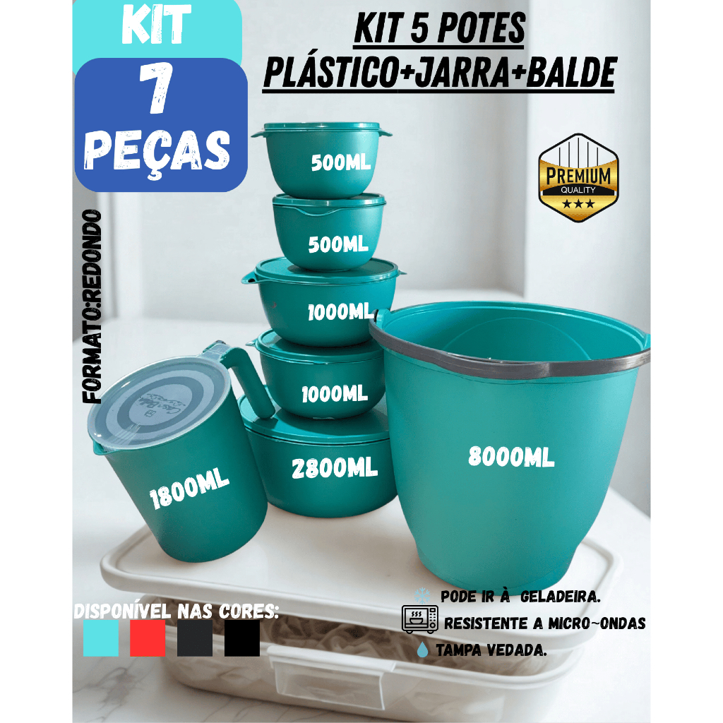 Kit Redondo Premium 5 Potes Herméticos Plástico + Jarra 1,8L + Balde 8L Organização para Sua Casa Alimentos Mantimentos em Oferta na Shopee