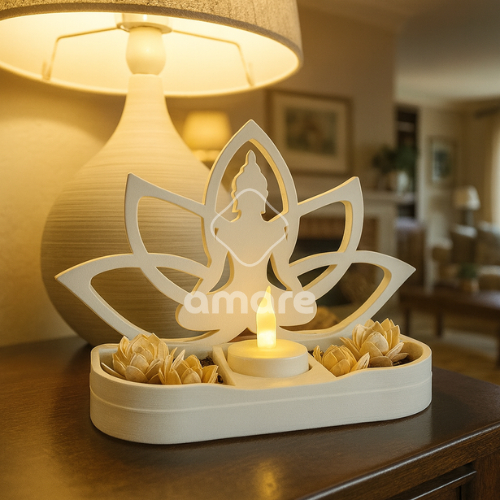 Imagem Escultura Buda Flor de Lótus 15cm | Porta Vela Decorativo Zen em PLA Impressão 3D para Quarto e Sala Minimalista