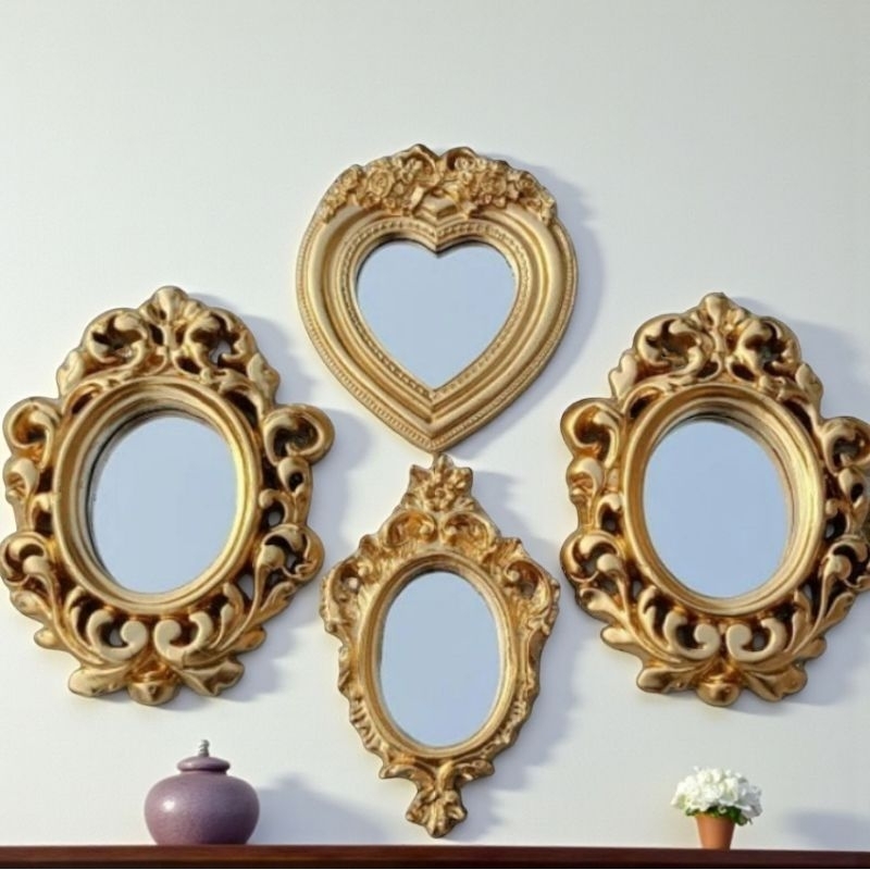 Kit de 4 Espelhos, Modelos Variados, Molduras Douradas, Decoração Moderna em Oferta na Shopee
