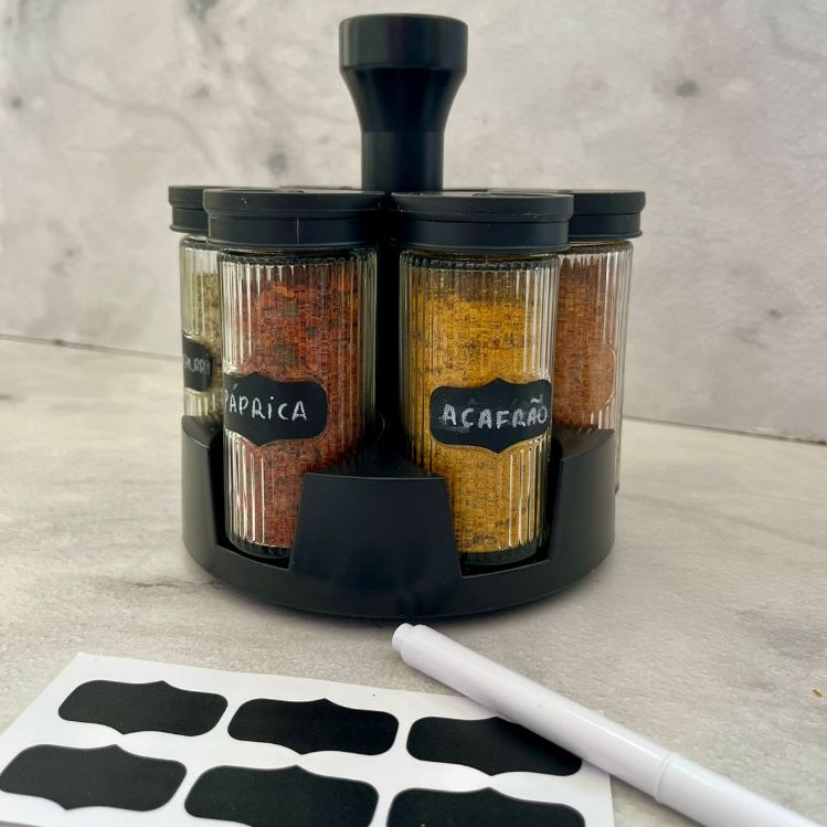 Porta Tempero Giratório LINE 6 Potes de Vidro com Etiqueta COM e SEM Caneta Organizador Temperos TOP em Oferta na Shopee