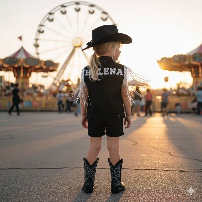 Conjunto Personalizado Boiadeira Jeans Preto Colete Ana Castela country com nome