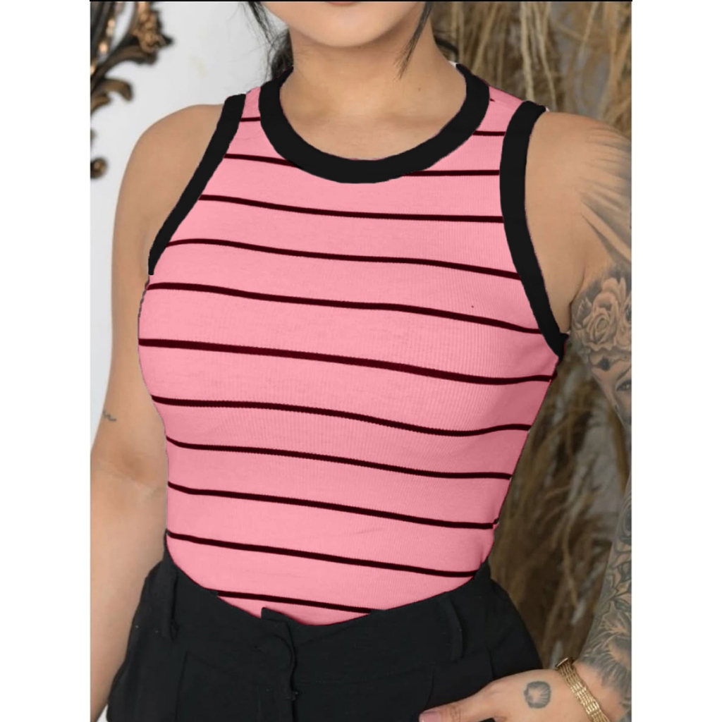Blusas Regata Femininas Listradas – Estilo Bicolor em Tecido Ribana Premium de Qualidade em Oferta na Shopee