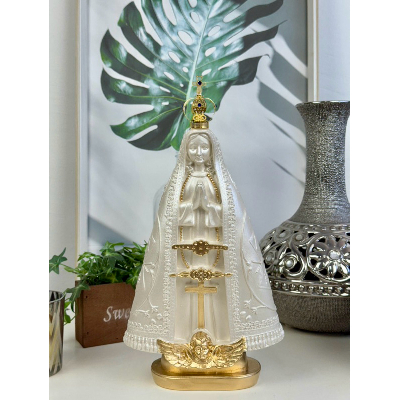 nossa senhora aparecida 30 cm coroa folheada manto bordado branco perolado gesso dourada casamento