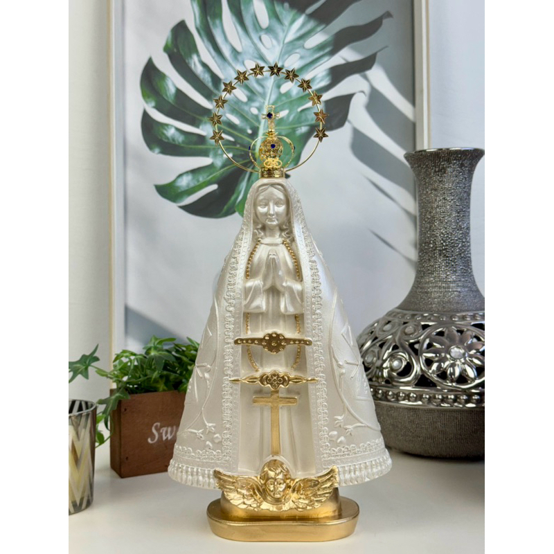 nossa senhora aparecida 30 cm coroa folheada resplendor manto bordado perolado dourado gesso