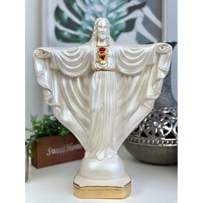 imagem Cristo redentor Jesus Cristo 30 cm branco perolado vermelho dourado gesso