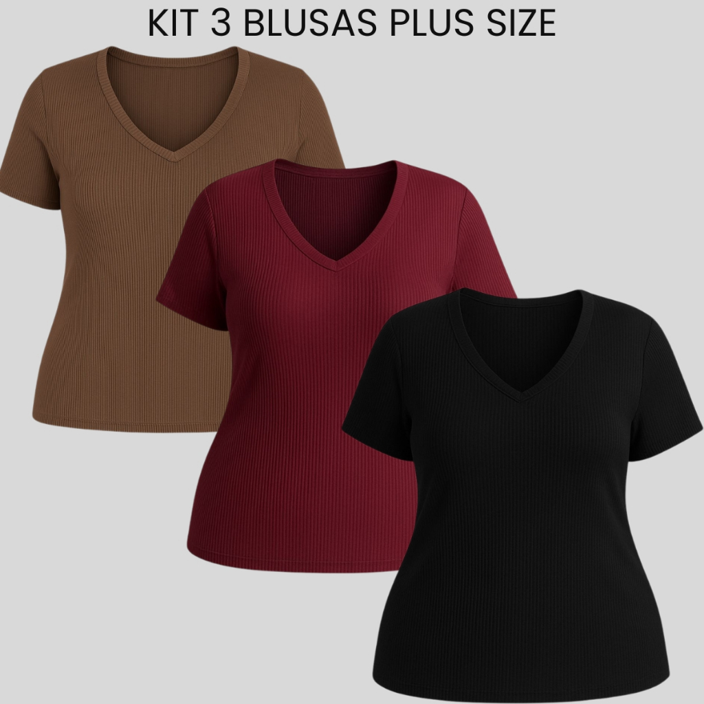 blusa plus size kit com 3 peças manga curta canelado ribana feminina verão decotada
