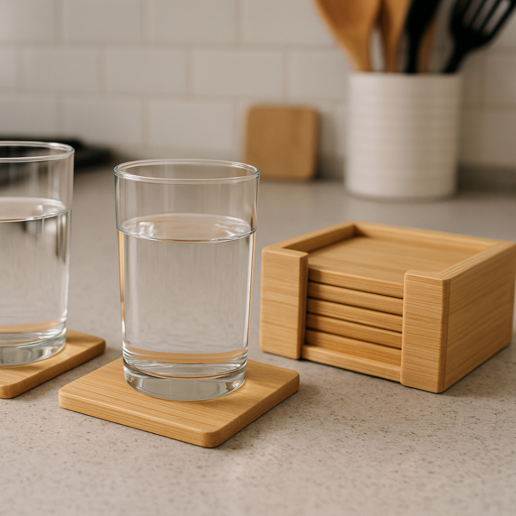 Porta Copos de Madeira Bolacha Para Copo com Suporte Bambu Quadrado 6 Peças Ecokitchen Apoio Para Copo