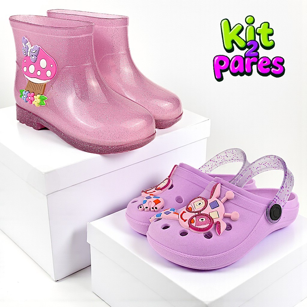 Kit 2 Pares Bota Galocha Infantil Menina e Sandália Babuche Leve Confortável Moda Casual Feminina Antiderrapante