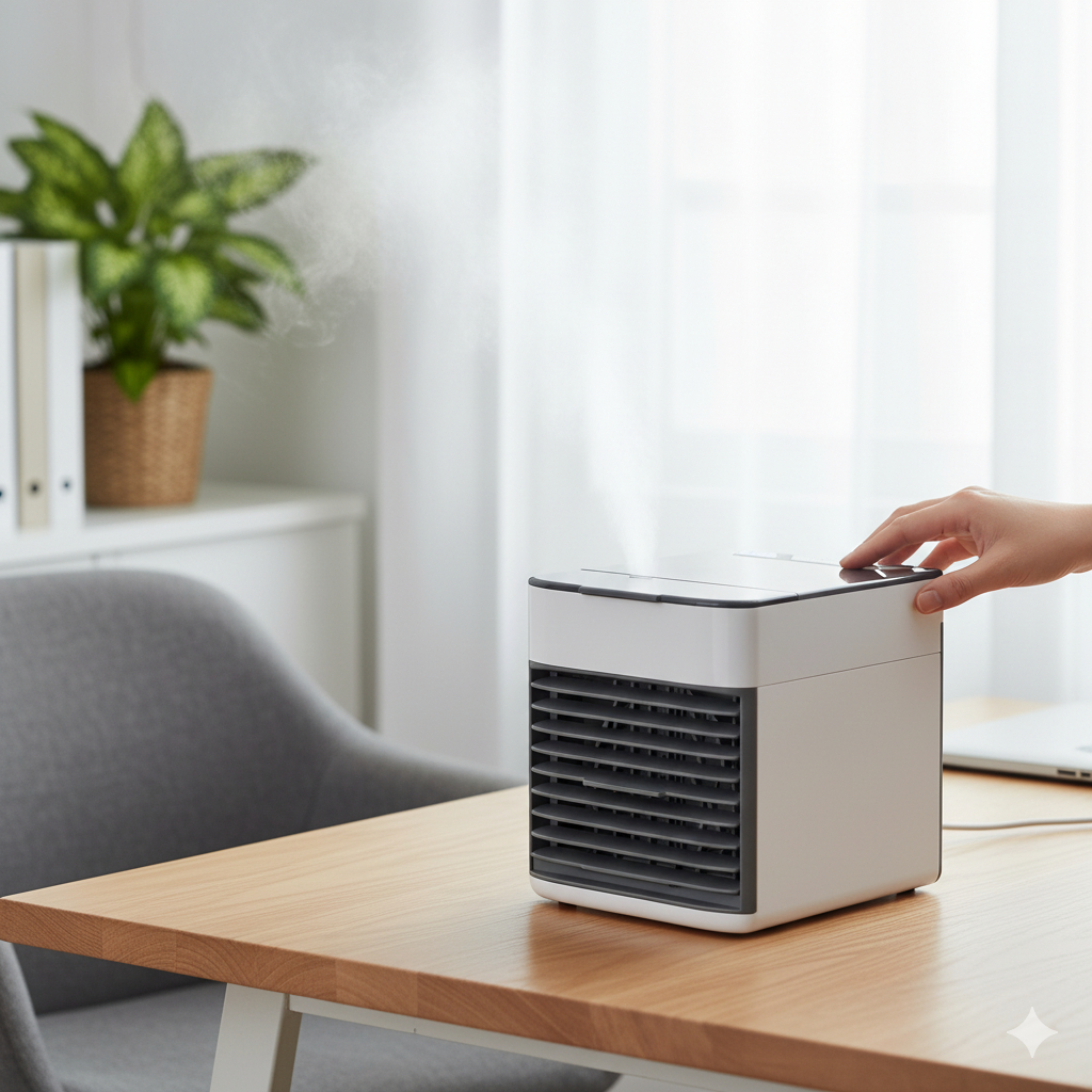 Mini Ar Condicionado Portátil com 3 Vel. e Luz LED USB Branca - Calor Verão Refrescar Climatizador