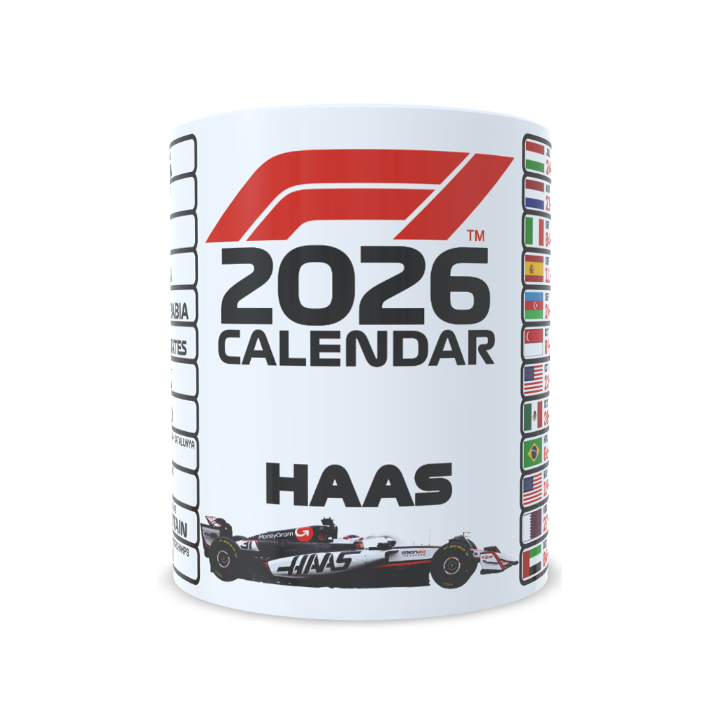 CANECA CALENDÁRIO 2026 F1 EQUIPE HAAS FÓRMULA 1 - 325 ML JCR PERSONALIZADOS