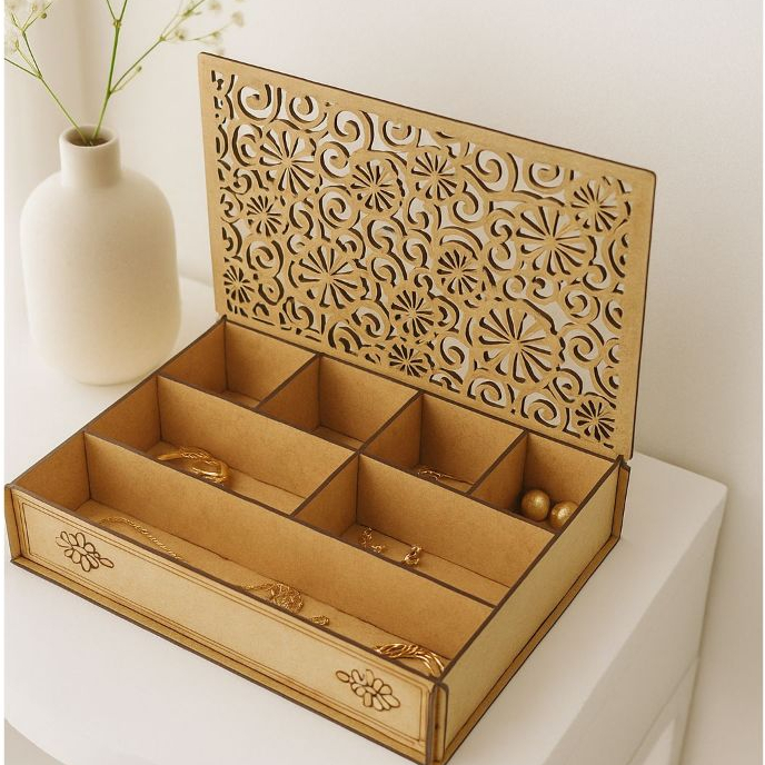 Porta-Jóias Arabesco MDF 27x18x5cm Tampa Vazada Decorativa Divisórias Internas Organização