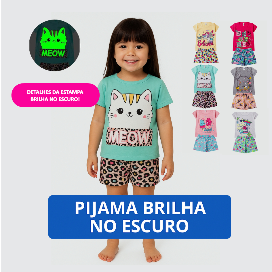 Pijama BRILHA NO ESCURO Manga Curta Verão Sortido Conjunto Infantil 100% Algodão Bebê Menina