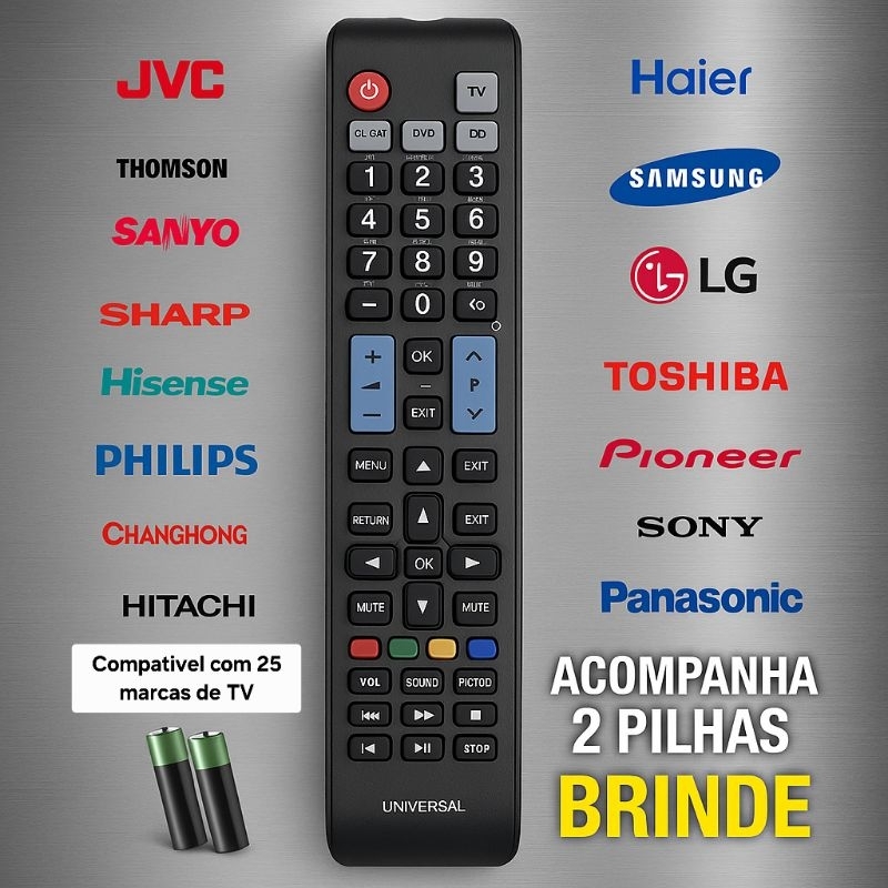 Controle Remoto Universal TV Smart LCD LED 25 Marcas Fácil Configuração + 2 Pilhas Brinde em Oferta na Shopee