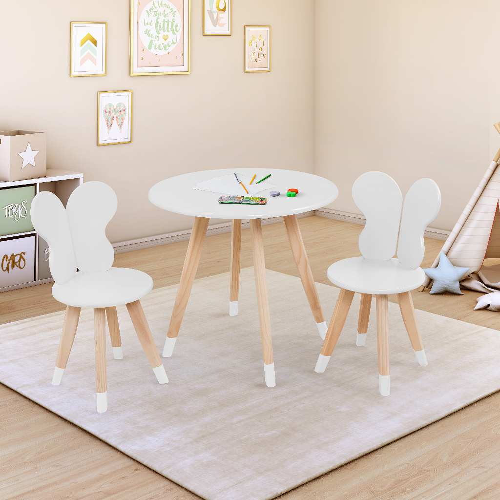 Conjunto Divertido Mesa Redonda com 2 Cadeiras Borboleta p/ Quarto infantil Escola Base Segura em Madeira e Tampo MDF