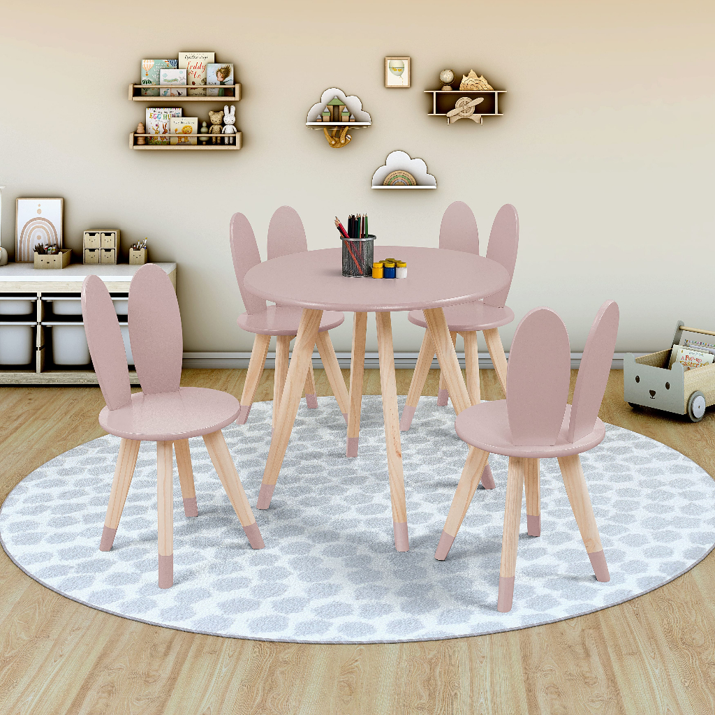 Conjunto Infantil Kids Divertido Mesa Redonda c/ 4 cadeiras Borboleta p/ crianças Base Madeira Pinus e tampo em MDF 25mm