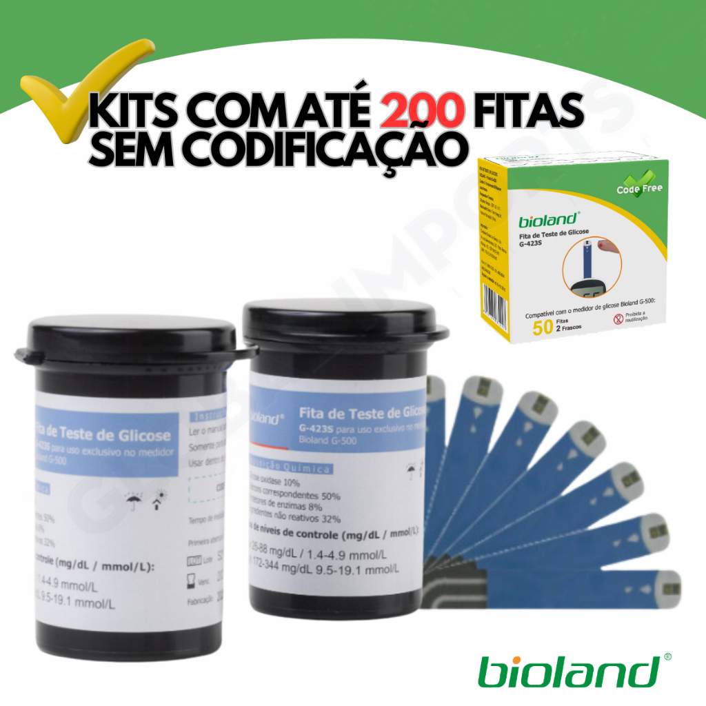 Fita De Glicose Reagentes Teste Medir Glicemia Bioland Kit 25 50 100 150 200 Tiras