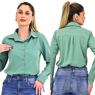 Camisa feminina plus zise colarinho manga longa tecido leve liso Poliester com elastano em Oferta na Shopee