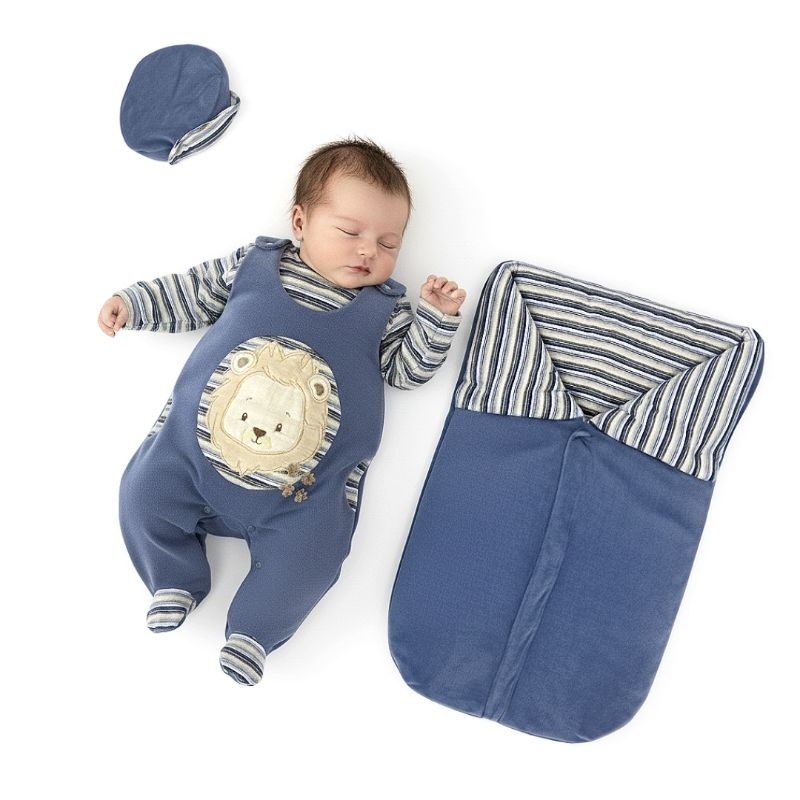 Kit Saída Maternidade Bebê Menino Leão Azul Macacão + Body + Saco de Dormir + Boné