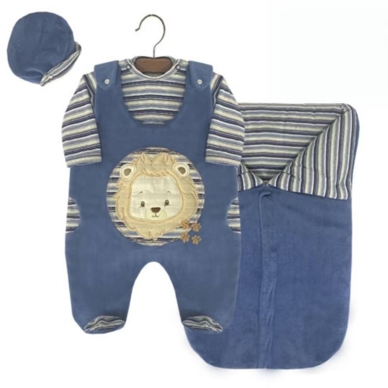 Kit Saída Maternidade Bebê Menino Leão Azul Macacão + Body + Saco de Dormir + Boné