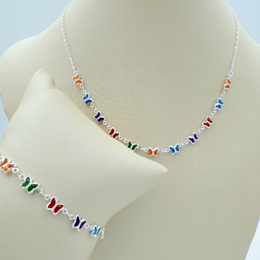 Conjunto de colar e pulseira de borboleta colorida banhado e ouro 18k a prata 925 feminina