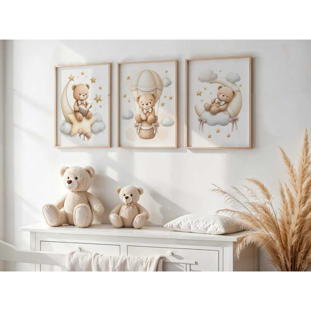 Kit 3 Quadros Ursinho Urso Neutro Balão Dormindo Nuvem com Moldura Bebê Quarto Menino