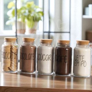 Kit Cantinho do Café - ESCOLHA SEU KIT - Potes de Vidro 810 ml com Tampa de Cortiça + Adesivos ou Sem em Oferta na Shopee