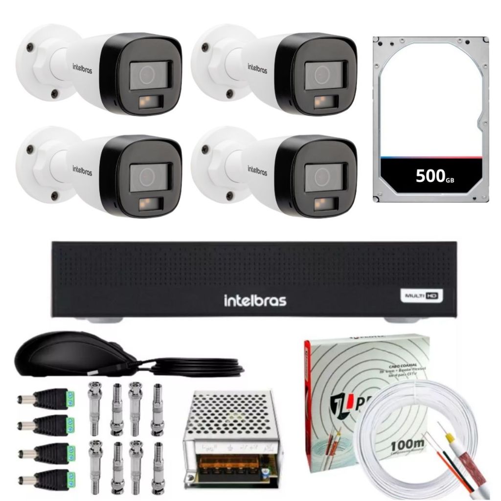 INTELBRAS | KIT COMPLETO | 4 CÂMERAS VHD 1120B FULL COLOR + DVR 1204C + HD 500GB + ACESSÓRIOS