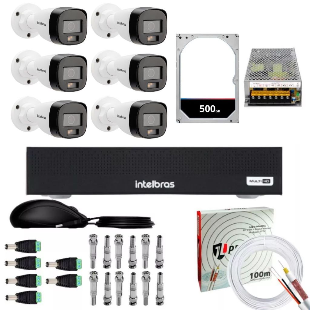INTELBRAS | KIT COMPLETO | 6 CÂMERAS VHD 1120B FULL COLOR + DVR 1208C + HD 500GB + ACESSÓRIOS