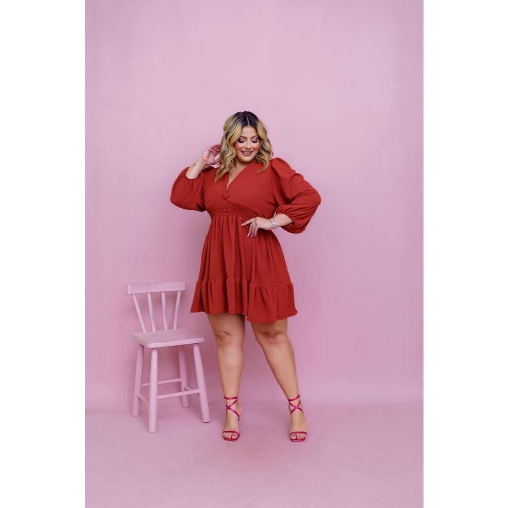 Vestido Plus Size Romântico com Decote V com Manga Longa Bufante Babados e Lastex na Cintura em Oferta na Shopee