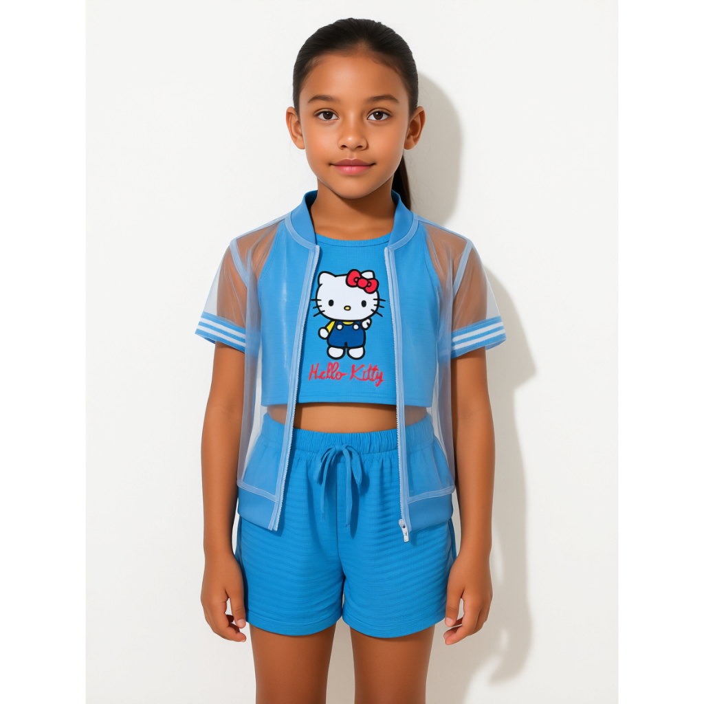 Conjunto Infantil Feminino 3 Peças  Short e Regata Malha Crepe ,Colete Tule  Moda Infantil Estilosa