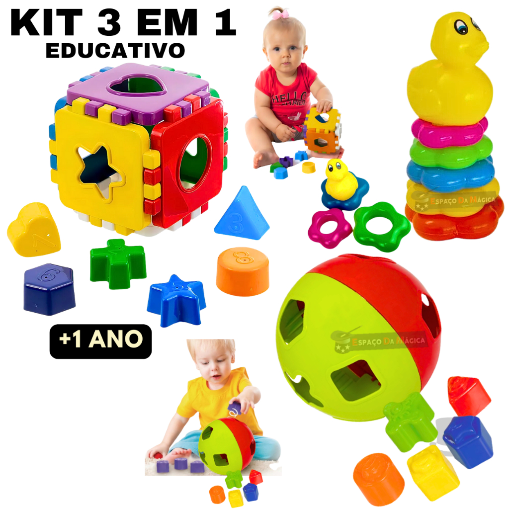 Brinquedo Montessori Infantil Cubo Didatico + Patinho Encaixe + Bola Encaixe 1 Ano, 2 Anos