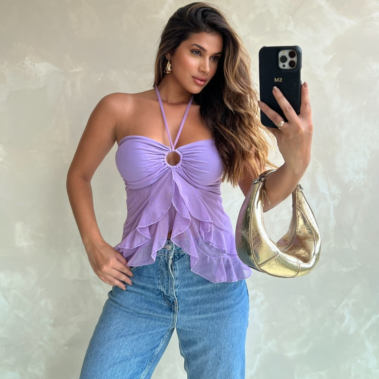 Batinha Sofia Detalhe de Argola  Blusa Tule com Babados Boho Tendência Verão em Oferta na Shopee