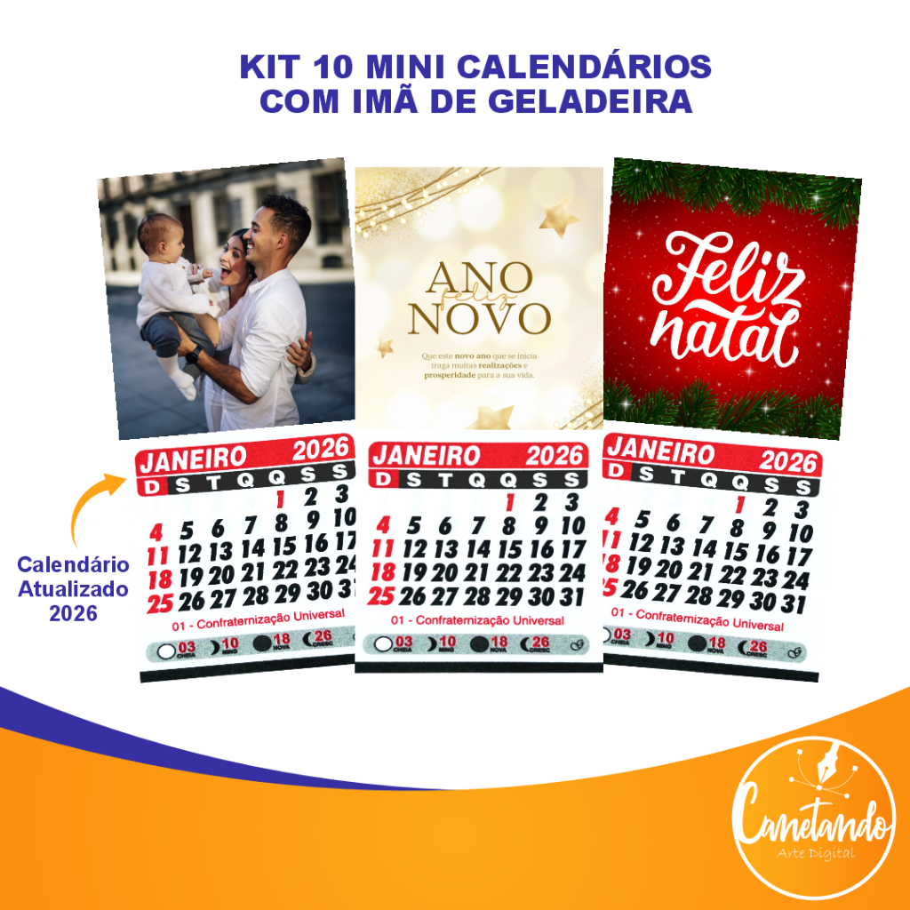Kit 10 Mini Calendários Atualizados 2026 Personalizados Com Imã de Geladeira