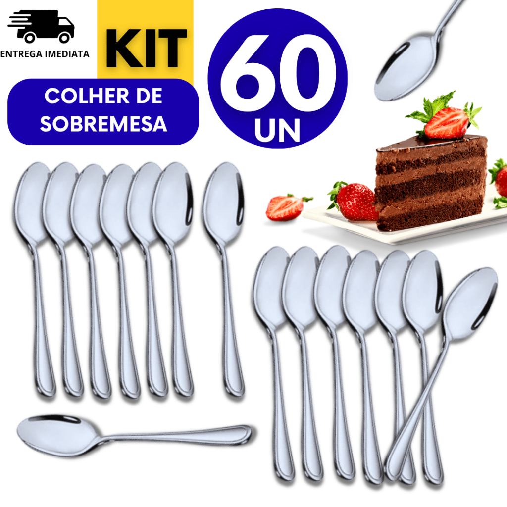 Conjunto 60 Colheres de Sobremesa Linha Inox Variáveis Utilidades Multifuncional Premium Casa Cozinha